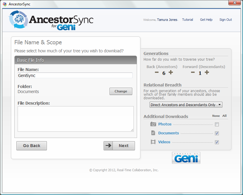 AncestorSync Geni download selection