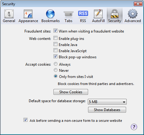Apple Safari Preferences: Java, JavaScript and plug-ins turned off