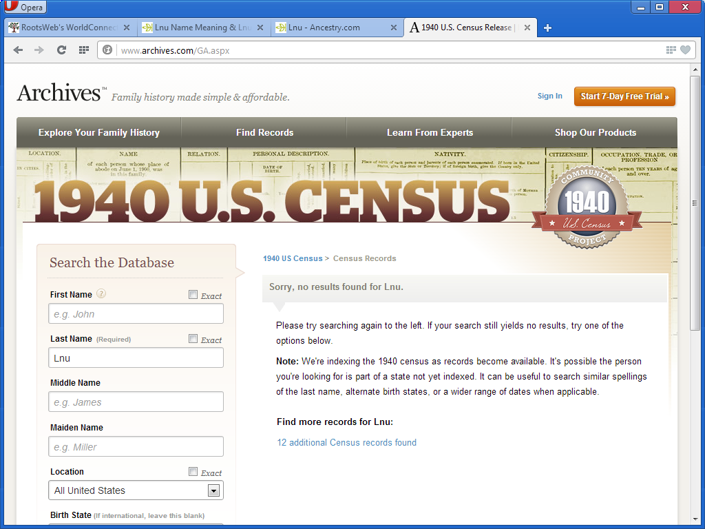 Archives.com USA 1940 Census: Lnu