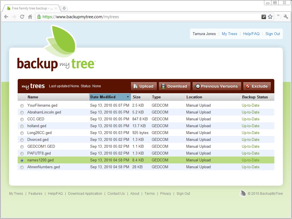 BackupMyTree uploaded trees