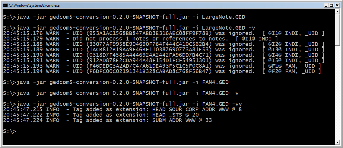 DOS Box: GEDCOM X Converter 0.2 Verbose option