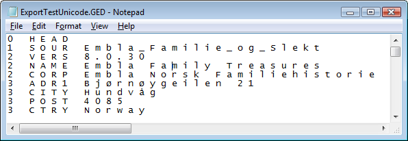 Embla Family Treasures Unicode GEDCOM in NotePad