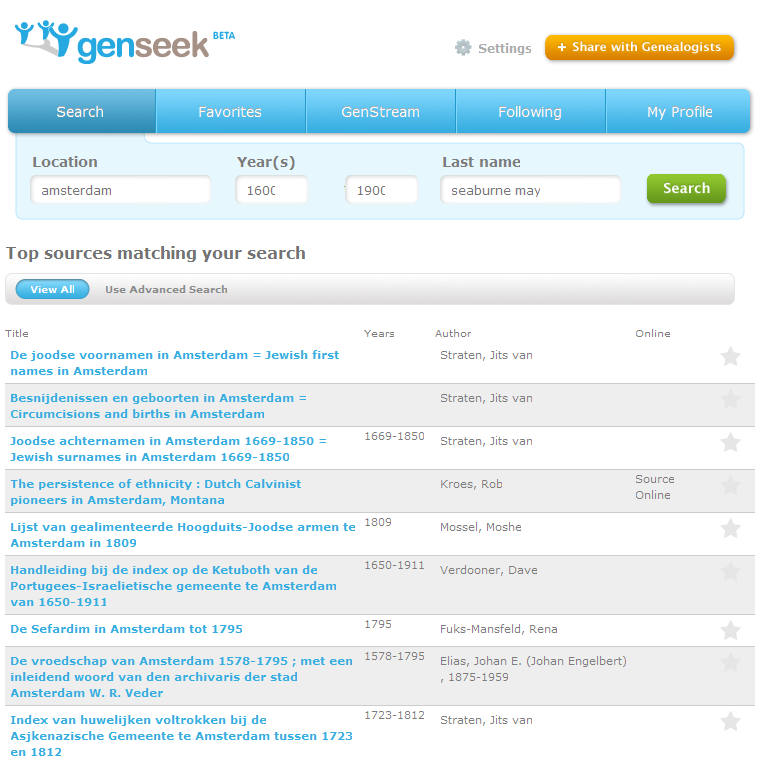 GenSeek On FaceBook results screen
