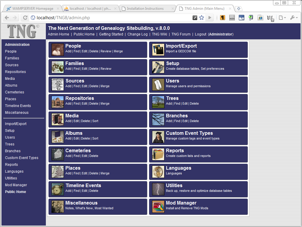 localhost TNG Admin home page