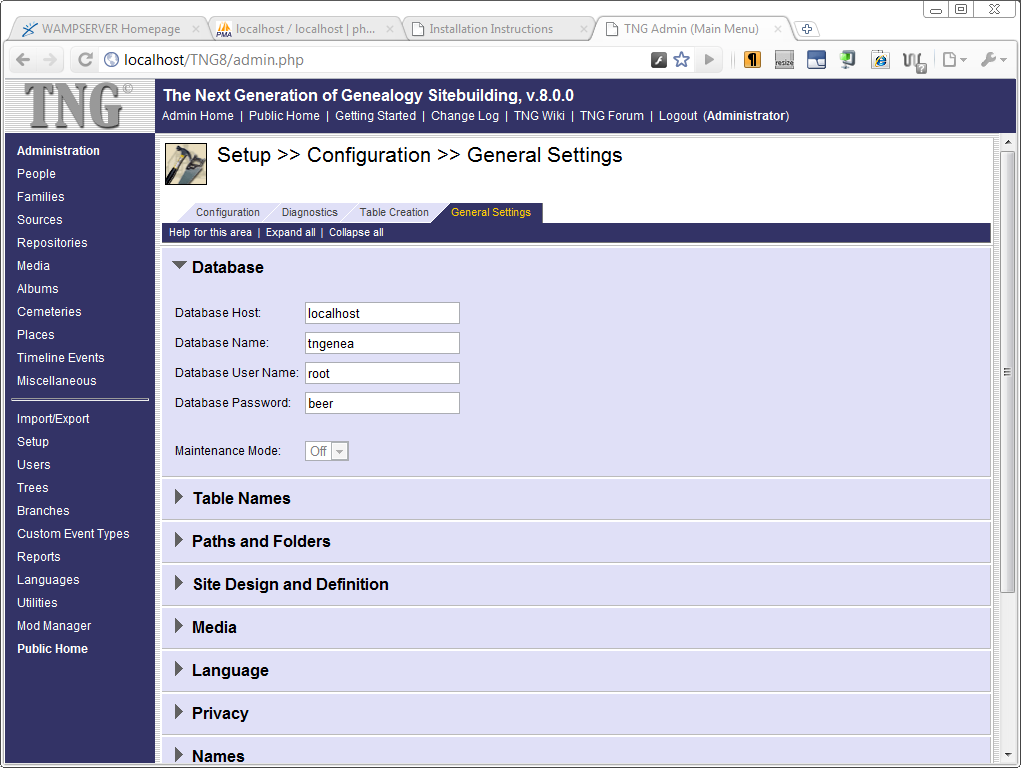 localhost TNG Admin General Settings: Database