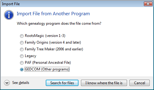 RootsMagic 4 import dialog box