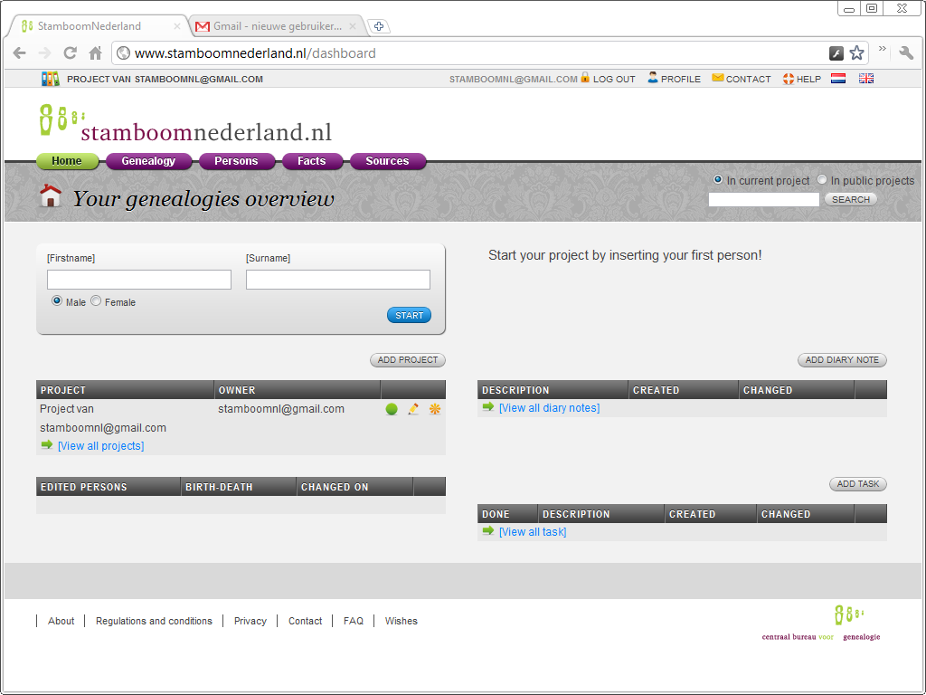 StamboomNederland: dashboard