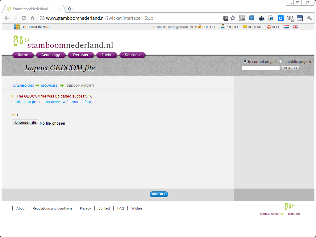 StamboomNederland Upload GEDCOM Success