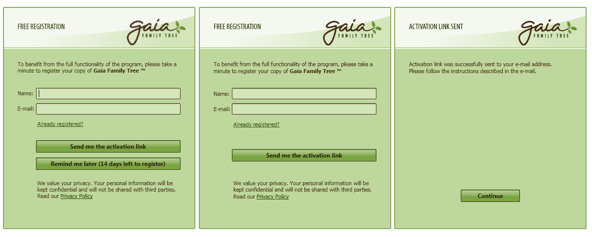 Gaia Family Tree Registration Dialog