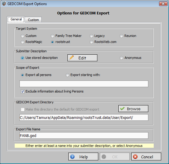 rootsTrust 1.0 GEDCOM Export dialog