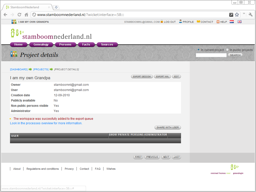 StamboomNederland export process started