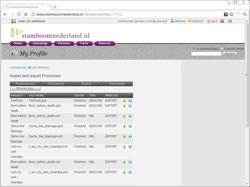 StamboomNederland Processes export